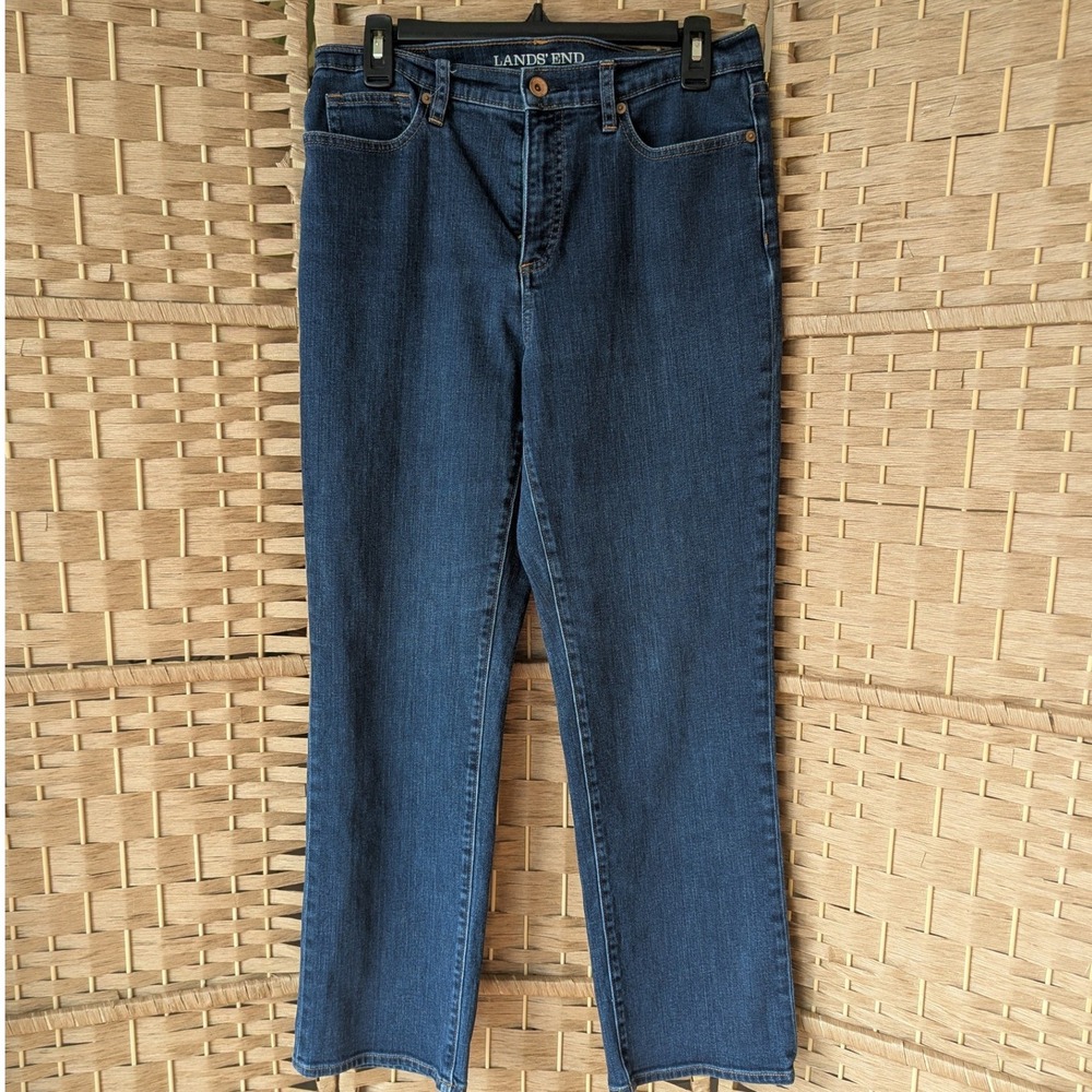 Lands' End High Rise Straight Leg Jeans Womens Sz 10 Dark Wash‎ Classic Denim